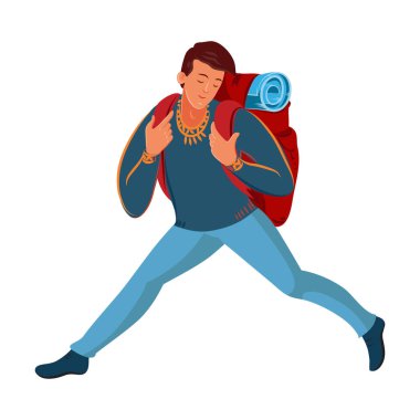 Brown-haired boy traveler in blue pants with a tourist backpack. Vector illustration in flat cartoon style.
