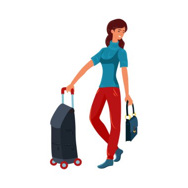 A cute brown-haired woman standing with a black travel stroller suitcase. Vector illustration in flat cartoon style.