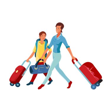 Cute brown-haired woman with a son carrying a red travel stroller suitcases. Vector illustration in flat cartoon style.