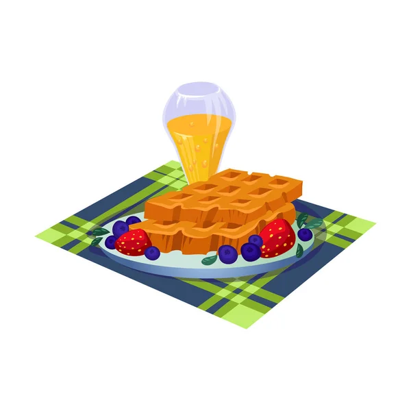 Fresh breakfast with strawberry, waffles, and a glass of drink. Vector illustration in flat cartoon style. — Stock Vector