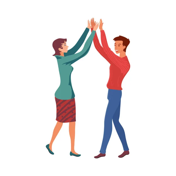 Cute woman and man celebrating a successful business agreement. Vector illustration in flat cartoon style. — Stockvector