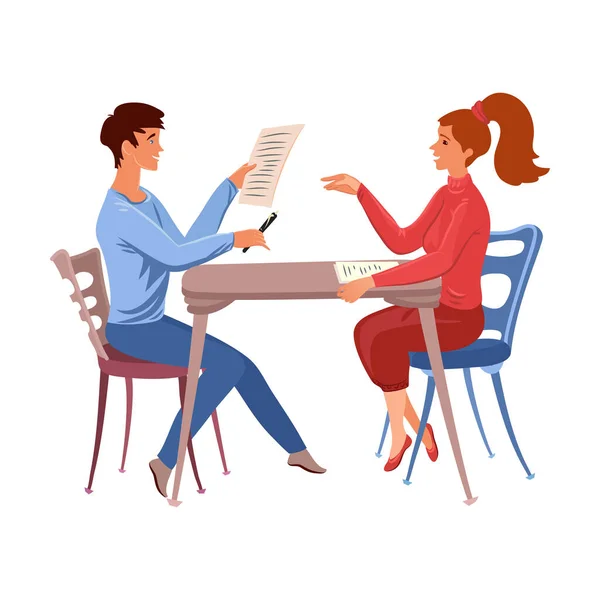 Office man and woman working together sitting at the table. Vector illustration in flat cartoon style. — Stockvector