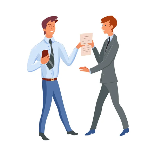 Business meeting of two office men. Vector illustration in flat cartoon style. — 图库矢量图片