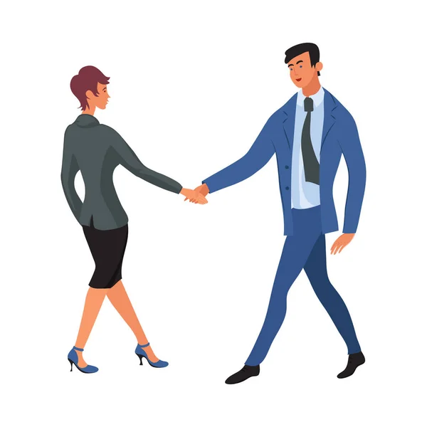 Business meeting of woman and man in suits shaking hands. Vector illustration in flat cartoon style. — Stock vektor