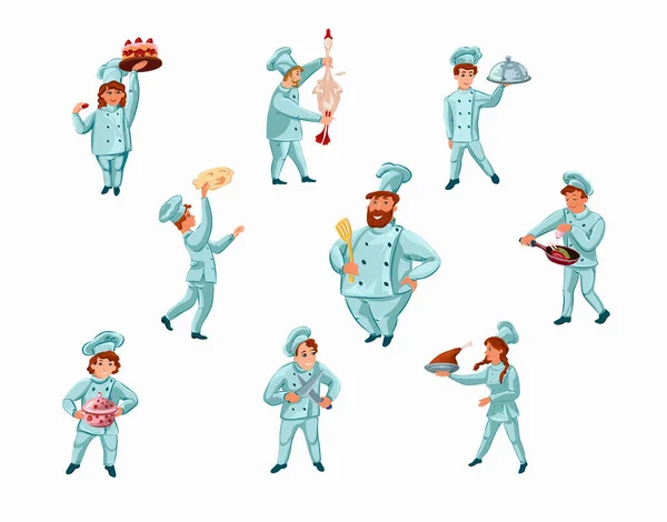 Set of chef-cook characters showing meals in different actions. Vector illustration in flat cartoon style. — ストックベクタ