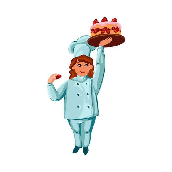 Счастливая девушка-повар с восхитительным праздничным тортом. Векторная иллюстрация в плоском стиле мультфильма . — стоковый вектор