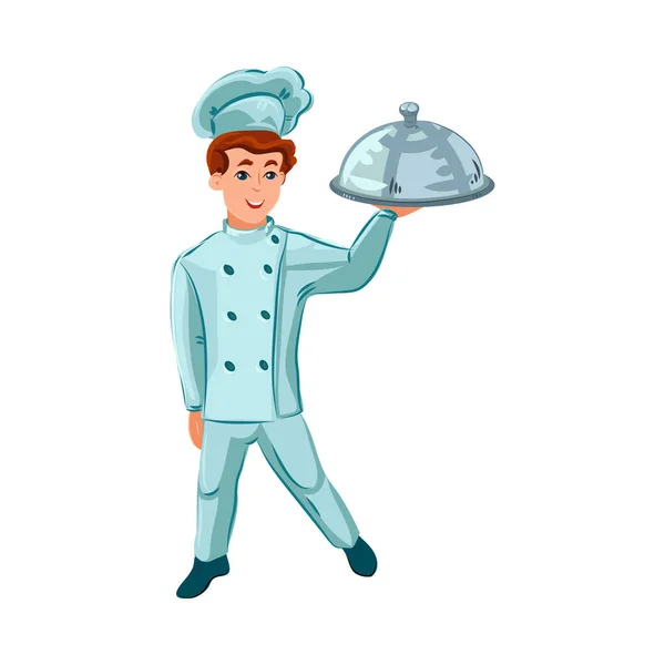 El feliz chef-cocinero personaje masculino sosteniendo una bandeja de plata. Ilustración vectorial en estilo plano de dibujos animados . — Vector de stock