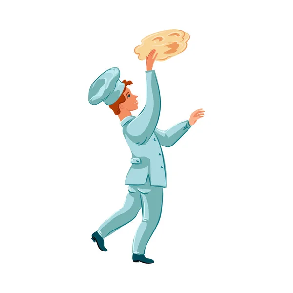 Счастливый повар-повар подбрасывает тесто для пиццы в воздух, смешивая его. Векторная иллюстрация в плоском стиле мультфильма . — стоковый вектор