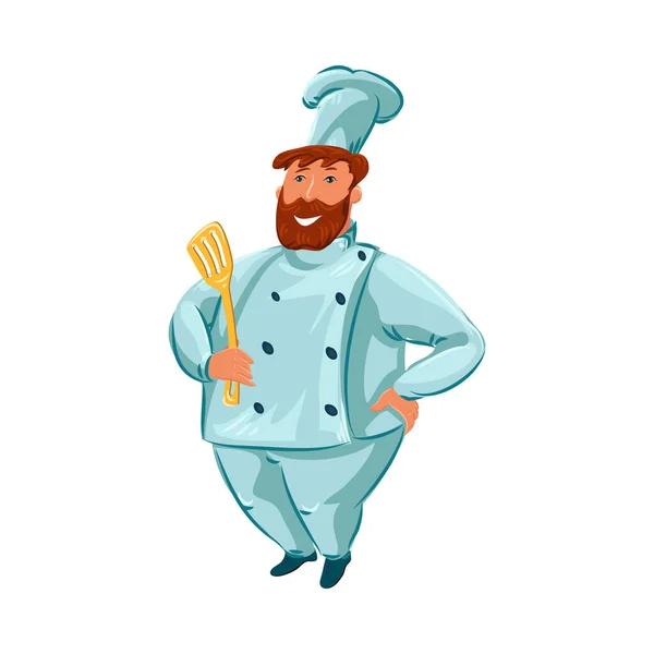 O personagem masculino chef-cozinheiro feliz segurando uma espátula de madeira. Ilustração vetorial em estilo de desenho animado plano . — Vetor de Stock