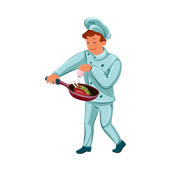 Счастливый повар-повар держит сковороду с жареной индейкой. Векторная иллюстрация в плоском стиле мультфильма . — стоковый вектор