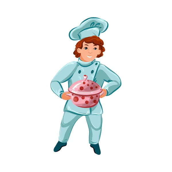 Счастливый повар-мужчина с розовым блюдом. Векторная иллюстрация в плоском стиле мультфильма . — стоковый вектор