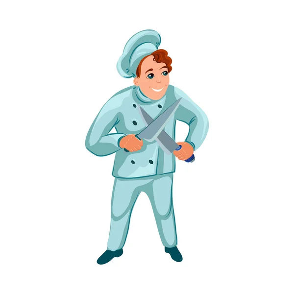 Счастливый повар-мужчина с ножами в руках. Векторная иллюстрация в плоском стиле мультфильма . — стоковый вектор