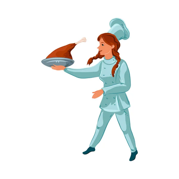 Счастливая девушка-повар держит тарелку с жареной индейкой. Векторная иллюстрация в плоском стиле мультфильма . — стоковый вектор