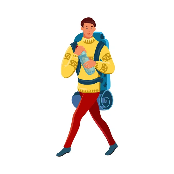 Brown-haired boy traveler in red pants with a tourist backpack. Vector illustration in flat cartoon style. — Stockvektor