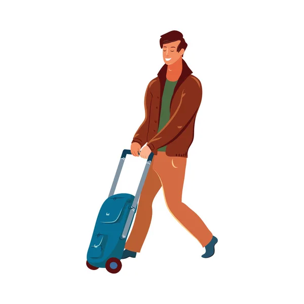 L'uomo dai capelli castani porta con sé una valigia da viaggio blu. Illustrazione vettoriale in stile fumetto piatto . — Vettoriale Stock