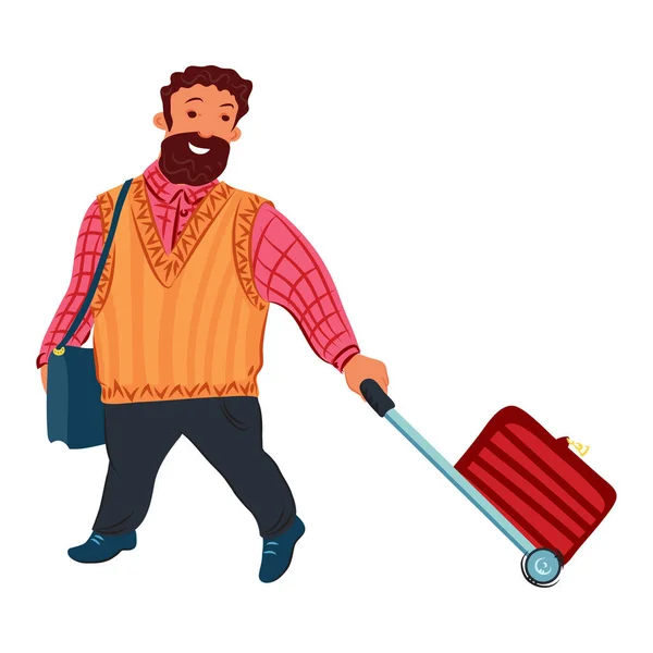 Коричневый бородатый мужчина носит с собой красный колясочный чемодан. Векторная иллюстрация в плоском стиле мультфильма . — стоковый вектор
