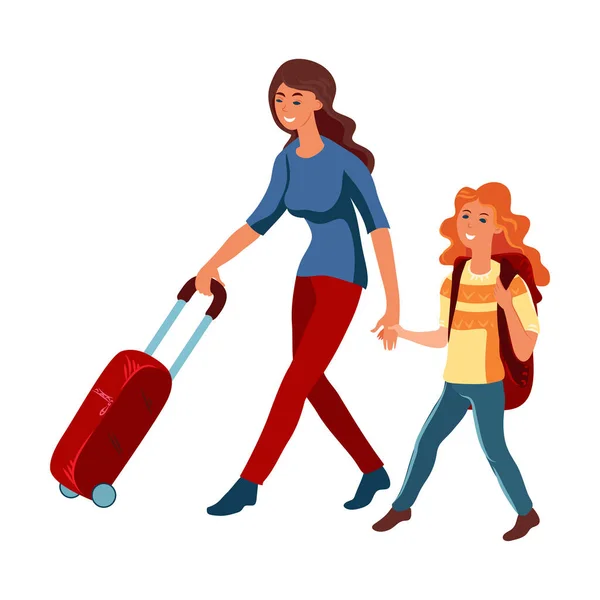 Cute brown-haired woman with a daughter carries a red travel stroller suitcase. Vector illustration in flat cartoon style. — Stockvektor