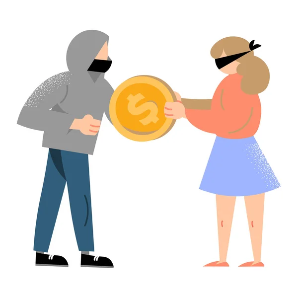 Hacker robando dinero a una mujer con los ojos cerrados cometiendo delitos — Vector de stock