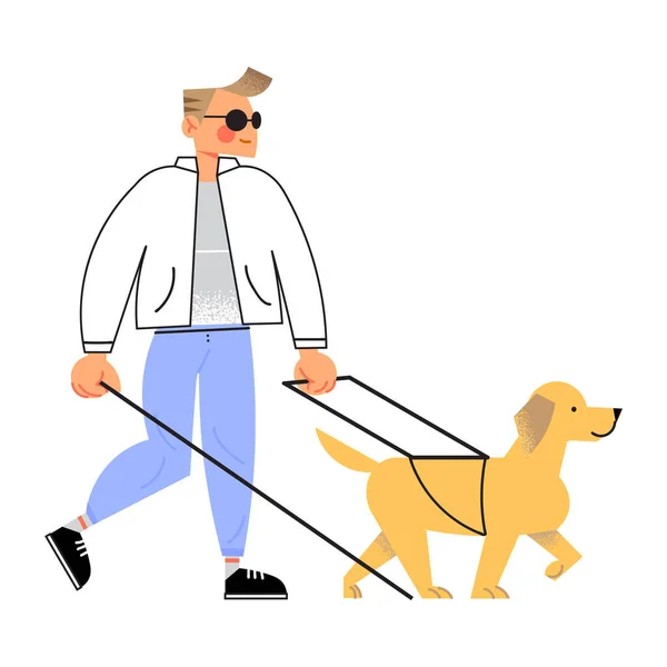 Smiling blind disabled young man walking dog vector illustration — Wektor stockowy