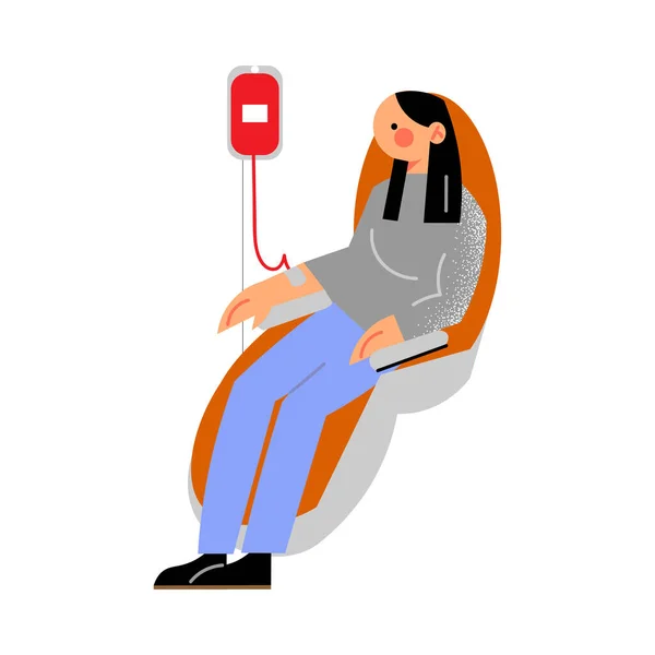 Mujer joven sentada y donando sangre como donante — Archivo Imágenes Vectoriales