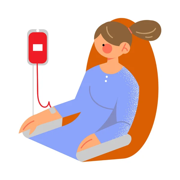 Mujer joven sentada y donando sangre como donante en la clínica — Archivo Imágenes Vectoriales
