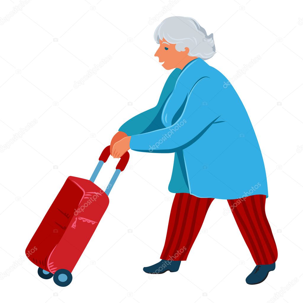 A grey-haired old woman carries a red travel stroller suitcase. Vector illustration in flat cartoon style.