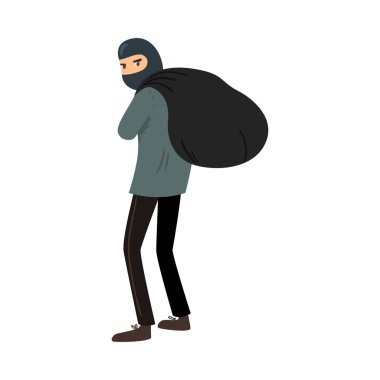 Thief in a black mask with a bag of loot. Vector illustration in flat cartoon style. clipart