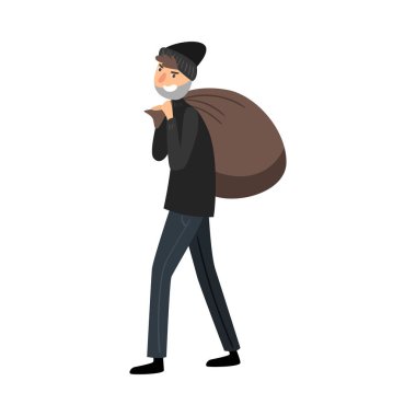 Thief in black clothes with a bag of loot. Vector illustration in flat cartoon style.