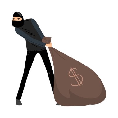 Thief in black mask pulls a bag of money. Vector illustration in flat cartoon style. clipart