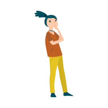 Beautiful blue-haired girl in yellow pants thinking of something or making a decision. Vector illustration in flat cartoon style.