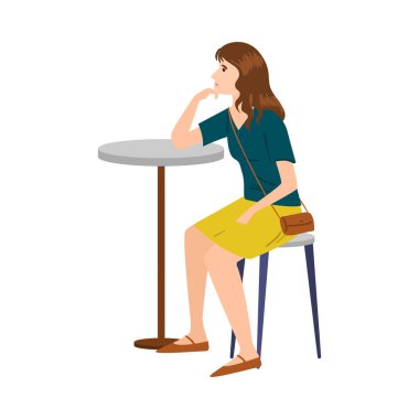 Beautiful brown-haired woman in a yellow skirt sitting at a table on a chair and thinking of something. Vector illustration in flat cartoon style.