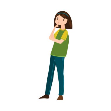 Beautiful brown-haired woman in blue pants thinking of something or making a decision. Vector illustration in flat cartoon style.