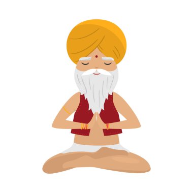 Meditating old yogi man with yellow turban sitting in a lotus position. Vector illustration in flat cartoon style.