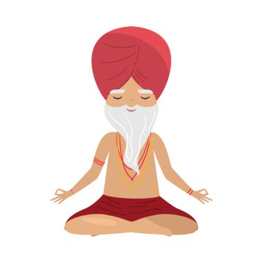 Meditating old yogi man with red turban sitting in a lotus position. Vector illustration in flat cartoon style.