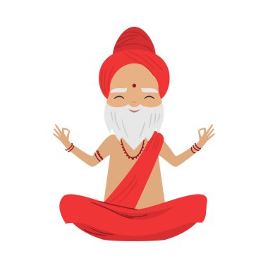 Meditating old yogi man with bindi on the forehead sitting in a lotus position. Vector illustration in flat cartoon style.