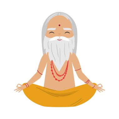 Meditating old yogi man with grey hair and beard sitting in a lotus position. Vector illustration in flat cartoon style.