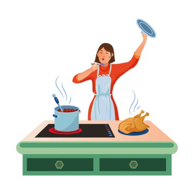 A woman is cooking and tasting soup with a spoon in her hand. Vector illustration in flat cartoon style.