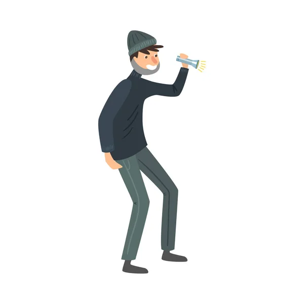 Thief in black clothes standing with the flashlight in hand. Vector illustration in flat cartoon style. — Stok Vektör