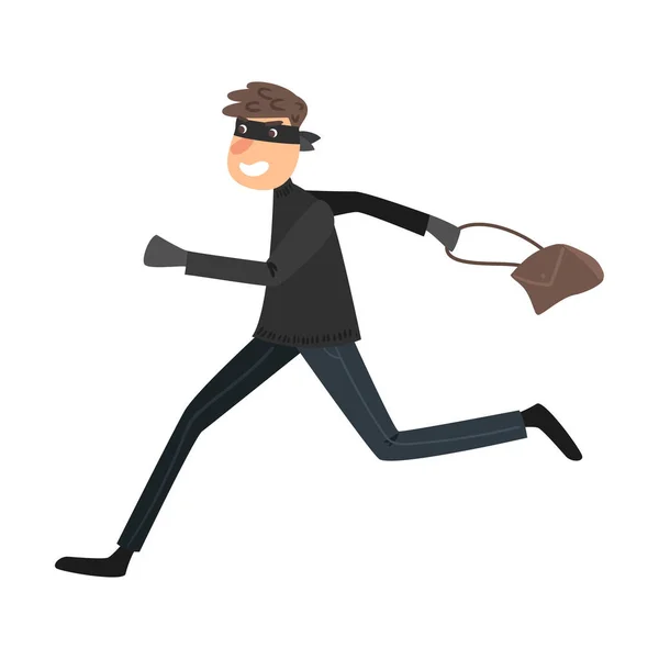 Running thief in a black mask with the stolen handbag. Vector illustration in flat cartoon style. — Stockvector