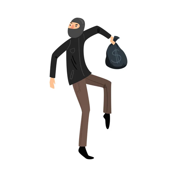 Sneaking thief in black mask with a bag of money. Vector illustration in flat cartoon style. — 스톡 벡터