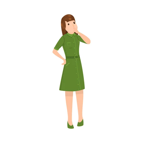 Mulher de cabelos castanhos bonita em um vestido verde pensando em algo ou tomar uma decisão. Ilustração vetorial em estilo de desenho animado plano . — Vetor de Stock