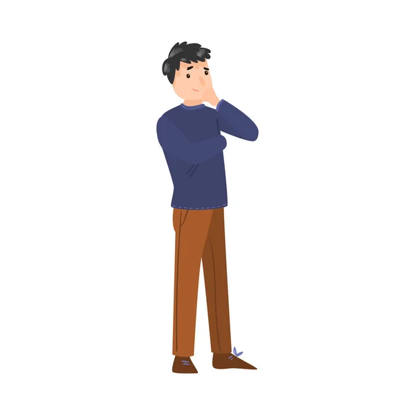 The cute dark-haired man standing in a purple sweater thinking of something or making a decision. Vector illustration in flat cartoon style. — Stockový vektor