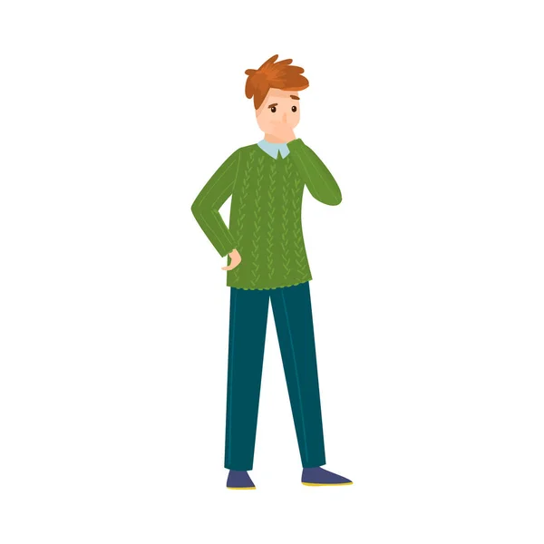O homem de cabelos claros bonito de pé em uma camisola verde pensando em algo. Ilustração vetorial em estilo de desenho animado plano . — Vetor de Stock