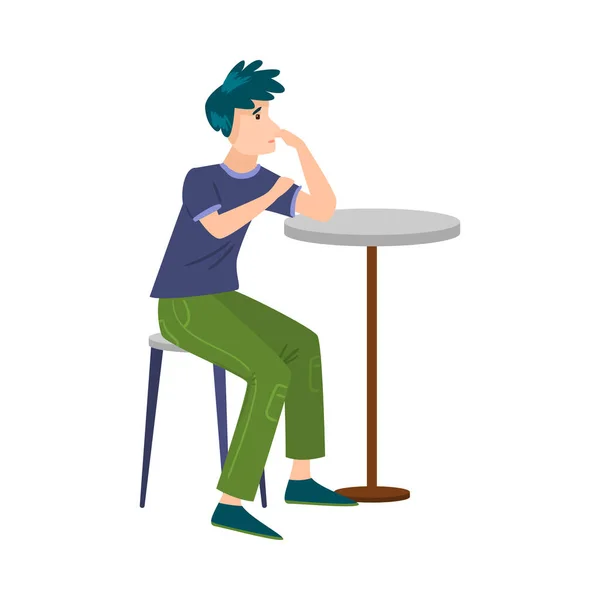 The cute blue-haired man in green pants sitting at a table on a chair thinking of something. Vector illustration in flat cartoon style. — Stockový vektor