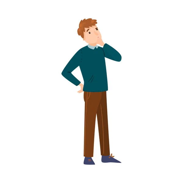 Le mignon homme aux cheveux clairs debout dans un pantalon brun penser à quelque chose ou prendre une décision. Illustration vectorielle en style dessin animé plat . — Image vectorielle