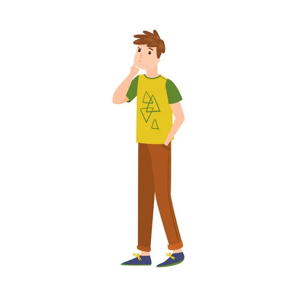 The cute brown-haired man standing in brown pants thinking of something or making a decision. Vector illustration in flat cartoon style. — 스톡 벡터
