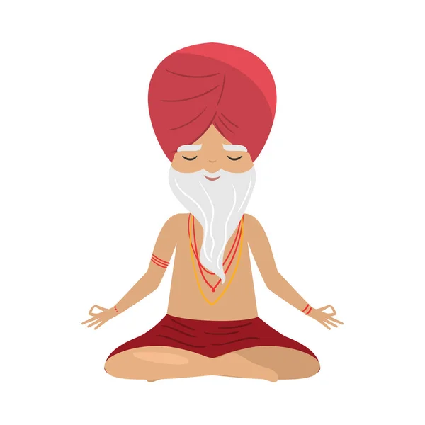 Meditating old yogi man with red turban sitting in a lotus position. Vector illustration in flat cartoon style. — Stockový vektor