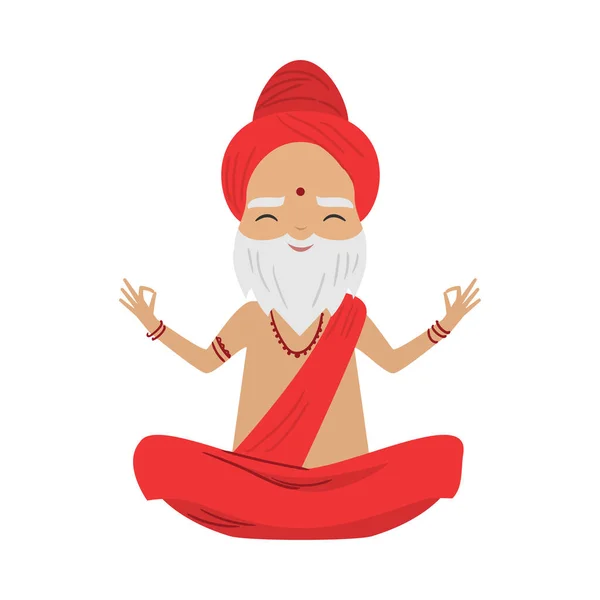 Meditating old yogi man with bindi on the forehead sitting in a lotus position. Vector illustration in flat cartoon style. — Stock vektor