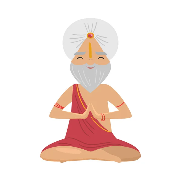 Meditating old yogi man with white turban sitting in a lotus position. Vector illustration in flat cartoon style. — Stockový vektor