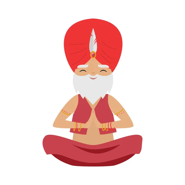 Meditating old yogi man with a feather on a red turban sitting in a lotus position. Vector illustration in flat cartoon style. — Stockový vektor